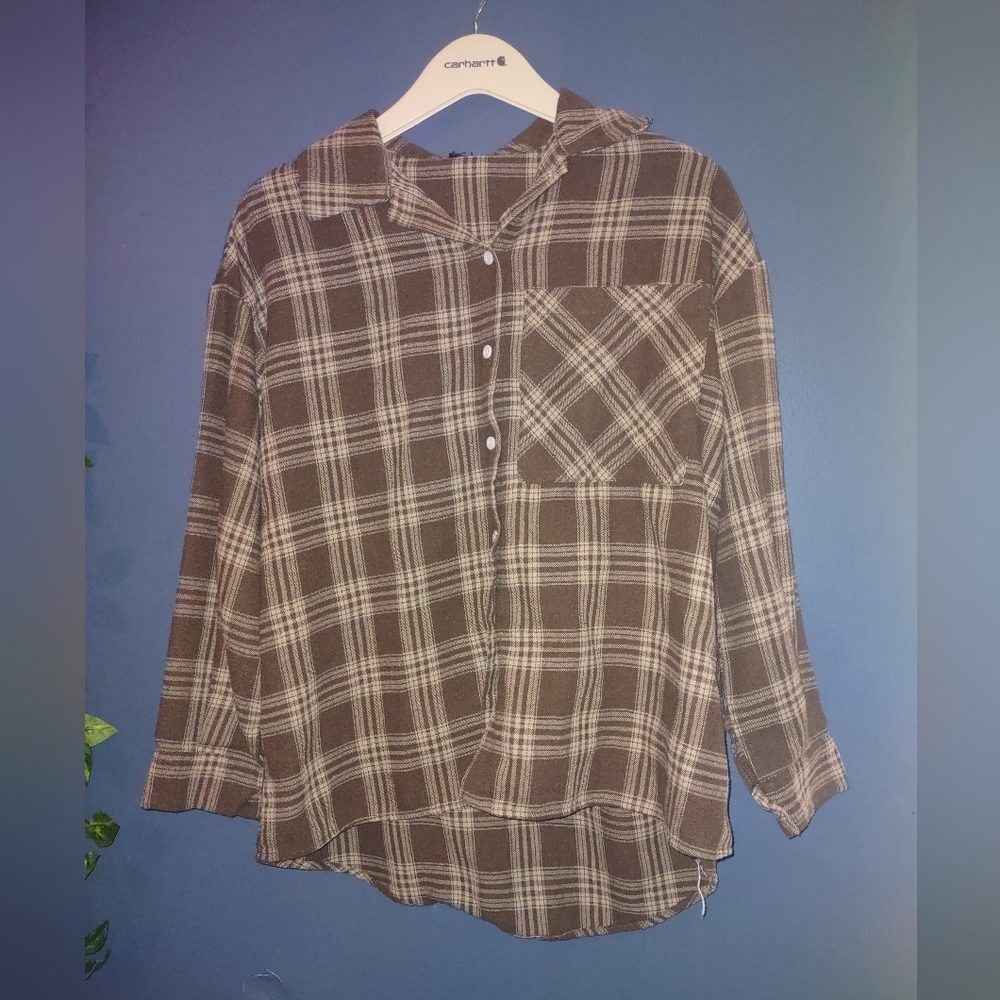 Women's Oversized Brown Button Up Flannel - Size S